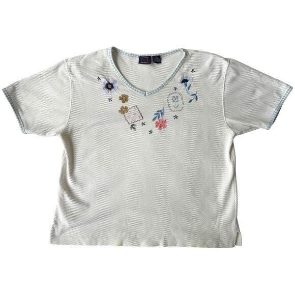 Renee M Sport embroidered waffle‑knit V‑neck tee white blue trim L 14‑16 - Picture 1 of 8
